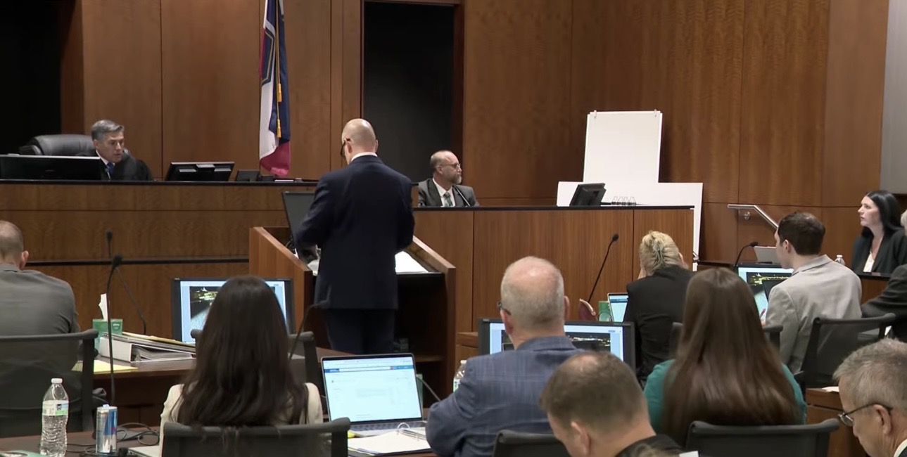 A courtroom view during witness testimony in the preliminary hearing