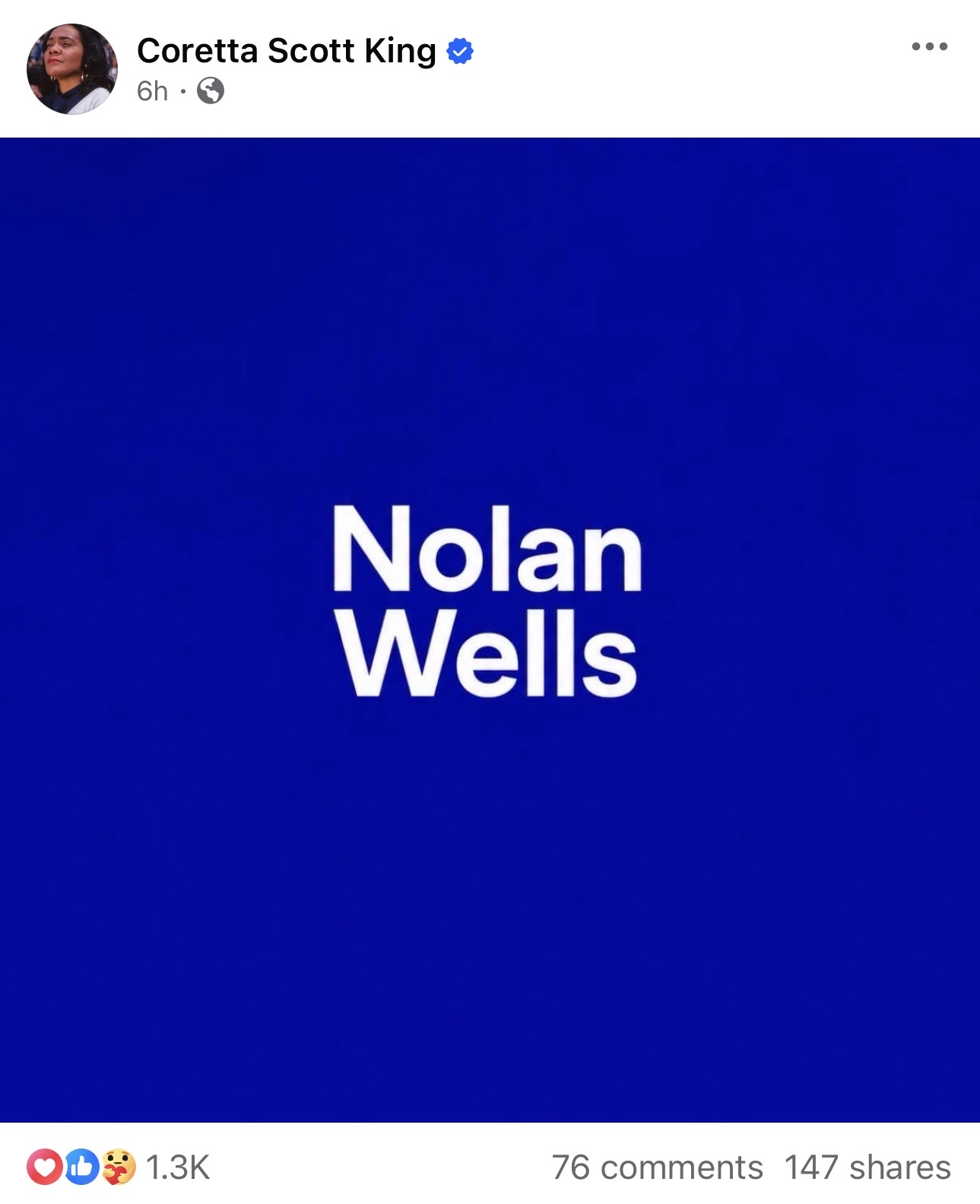 Screenshot of the verified Coretta Scott King Facebook page sharing Nolan Wells name