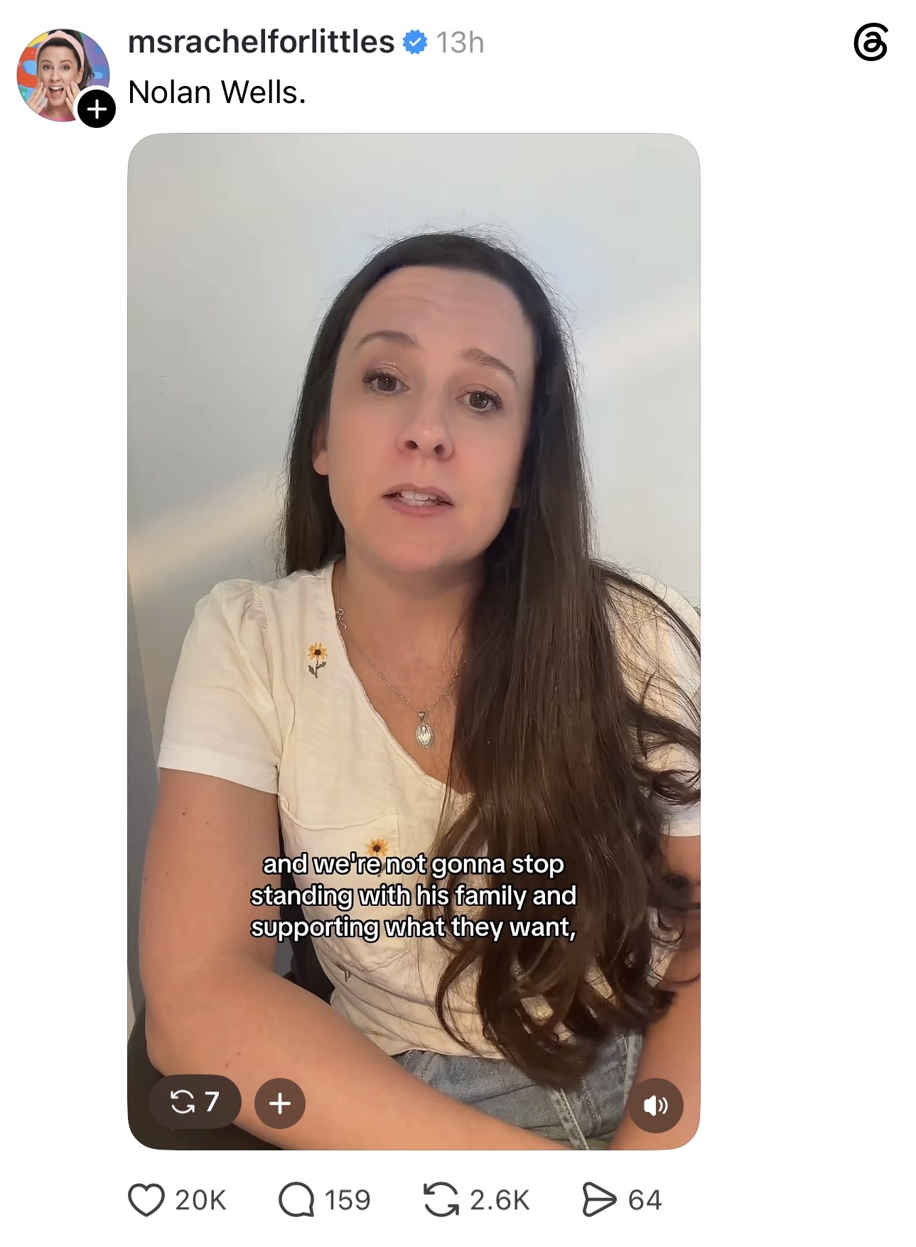 Screenshot of Ms. Rachel speaking about Nolan Wells on Threads